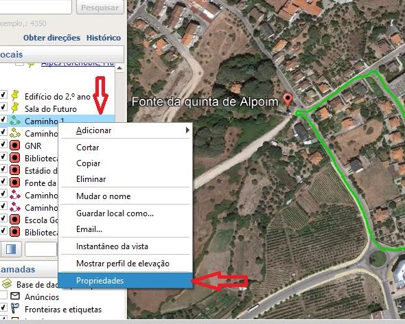 Propriedades do itinerário no Google Earth